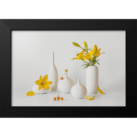 Blooming Lily And Sweet Cherry Black Modern Wood Framed Art Print by Jacobs, Lydia