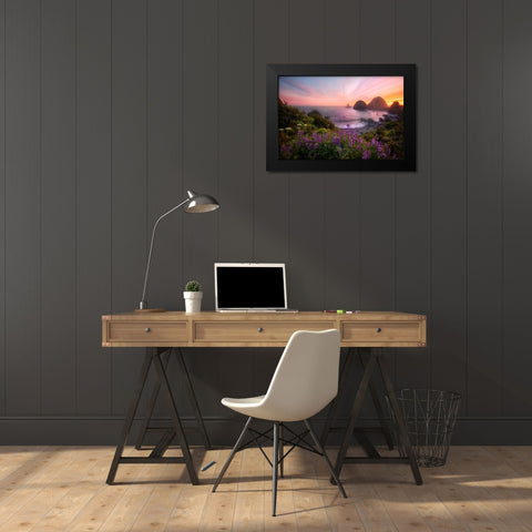 Sister Rocks With Lupin Blooms Black Modern Wood Framed Art Print by Q. Wu, Chong
