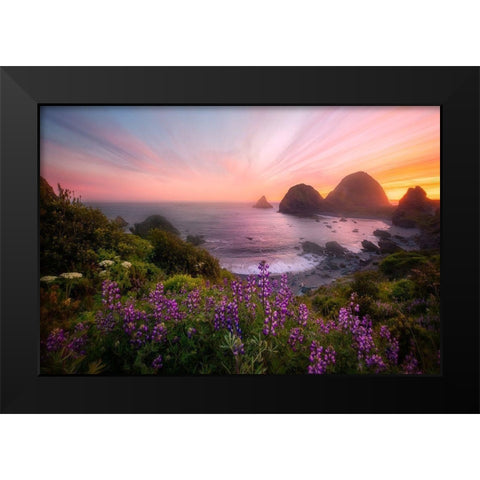 Sister Rocks With Lupin Blooms Black Modern Wood Framed Art Print by Q. Wu, Chong
