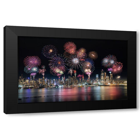 Firework In New York City Black Modern Wood Framed Art Print with Double Matting by Dai, Wei