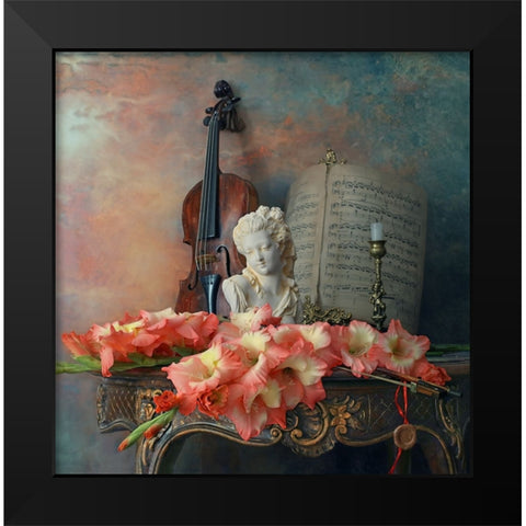 Still Life With Violin And Flowers Black Modern Wood Framed Art Print by Morozov, Andrey