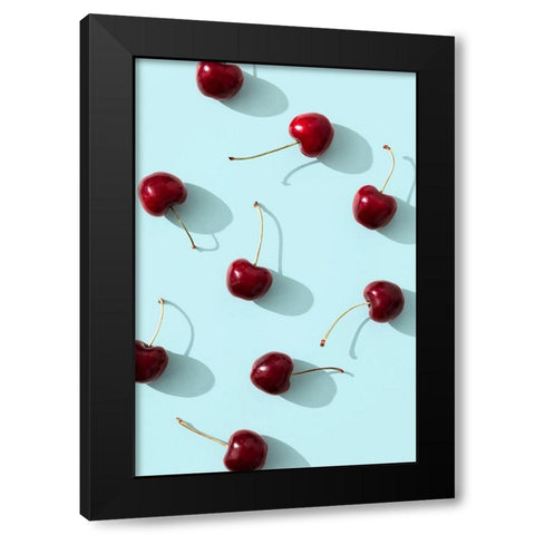 Cherries on turquoise background Black Modern Wood Framed Art Print by 1x Studio III