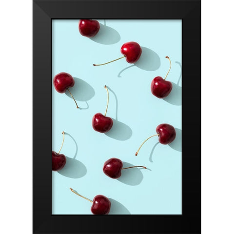 Cherries on turquoise background Black Modern Wood Framed Art Print by 1x Studio III