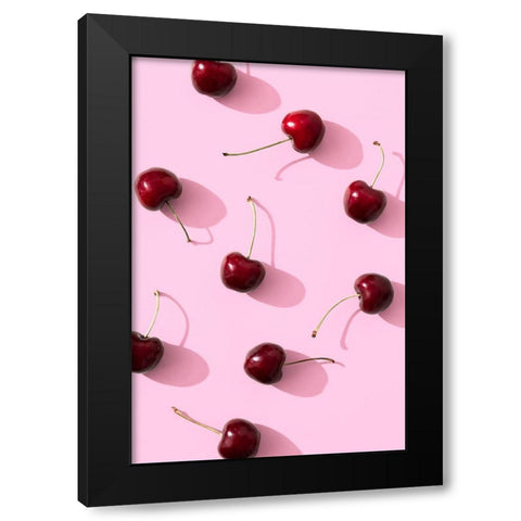 Cherries on pink background Black Modern Wood Framed Art Print by 1x Studio III
