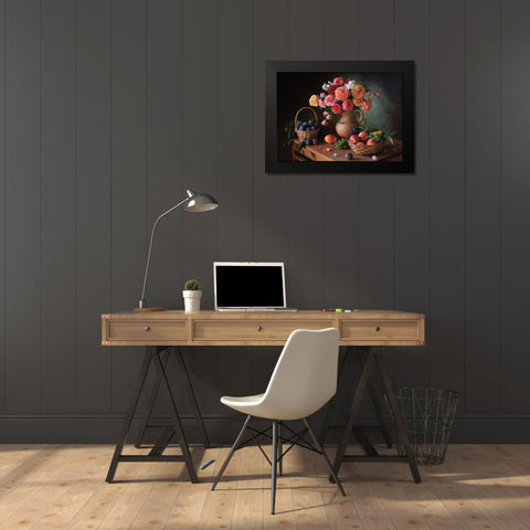 Still Life With Flowers And Autumn Fruits Black Modern Wood Framed Art Print by Skorokhod, Tatyana