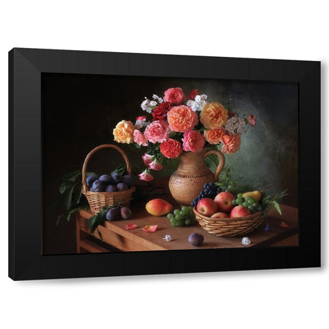 Still Life With Flowers And Autumn Fruits Black Modern Wood Framed Art Print by Skorokhod, Tatyana