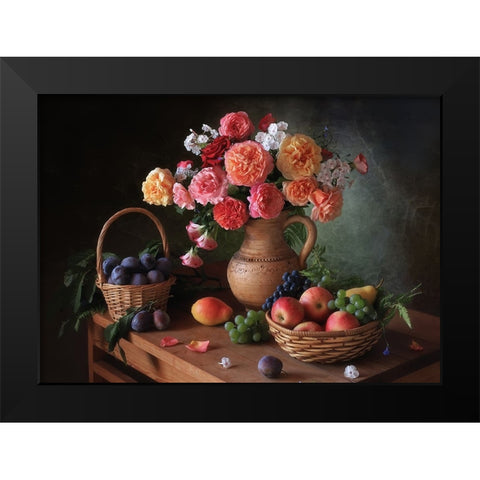 Still Life With Flowers And Autumn Fruits Black Modern Wood Framed Art Print by Skorokhod, Tatyana