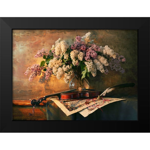Still Life With Violin And Lilac Flowers Black Modern Wood Framed Art Print by Morozov, Andrey