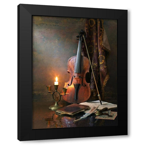 Still Life With Violin And Candle Black Modern Wood Framed Art Print with Double Matting by Morozov, Andrey