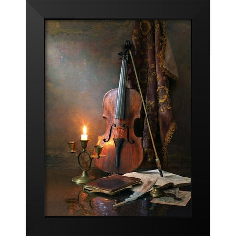 Still Life With Violin And Candle Black Modern Wood Framed Art Print by Morozov, Andrey