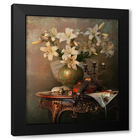 Still Life With Violin And Lilies Black Modern Wood Framed Art Print with Double Matting by Morozov, Andrey