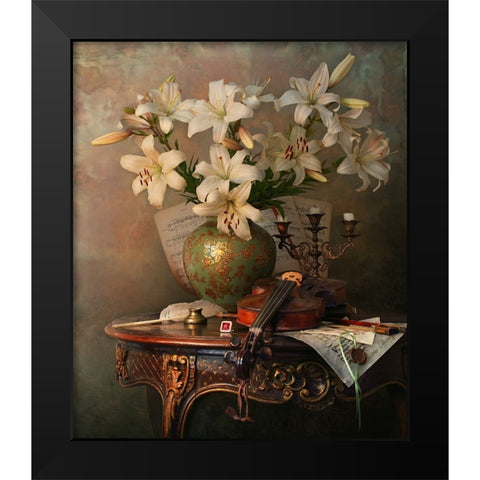 Still Life With Violin And Lilies Black Modern Wood Framed Art Print by Morozov, Andrey