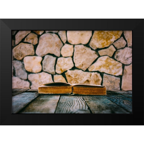 Old Open Book On Old Wooden Table On A Background Of Stone Walls Black Modern Wood Framed Art Print by Solovie, Andre