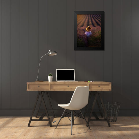 A Girl Running Towards The Flower Field Black Modern Wood Framed Art Print by Hu, Mei