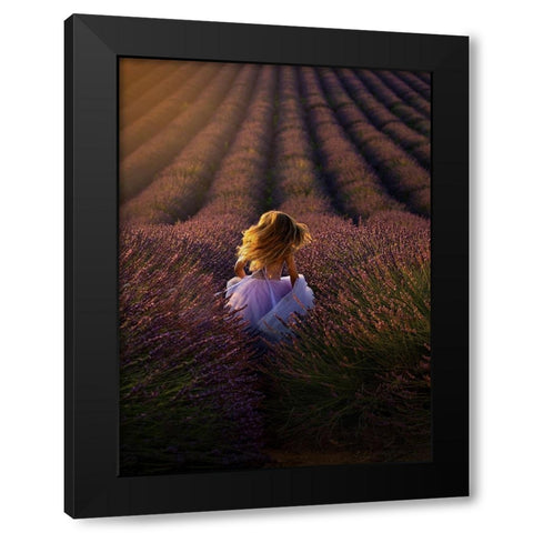 A Girl Running Towards The Flower Field Black Modern Wood Framed Art Print with Double Matting by Hu, Mei