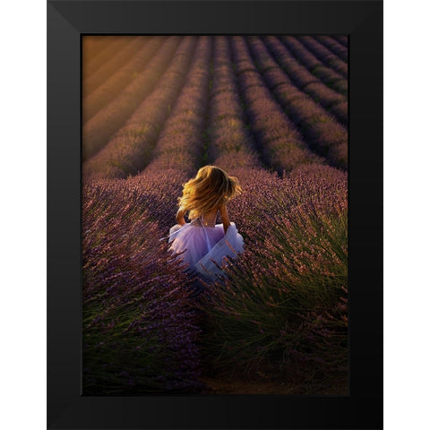A Girl Running Towards The Flower Field Black Modern Wood Framed Art Print by Hu, Mei