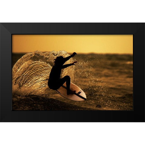 Surfer At Sunset Black Modern Wood Framed Art Print by Yuval