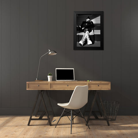 Lady and Boot Black Modern Wood Framed Art Print by W, Deming