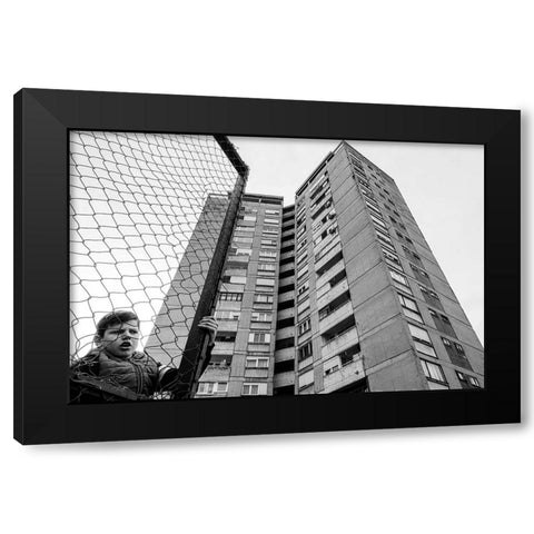 The Boy Behind The Fence Black Modern Wood Framed Art Print by Cvetkovic, Svetislav