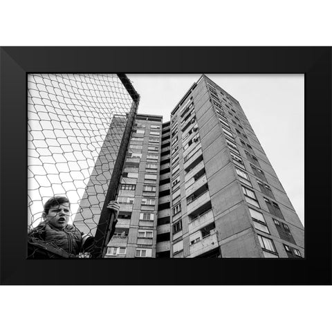 The Boy Behind The Fence Black Modern Wood Framed Art Print by Cvetkovic, Svetislav