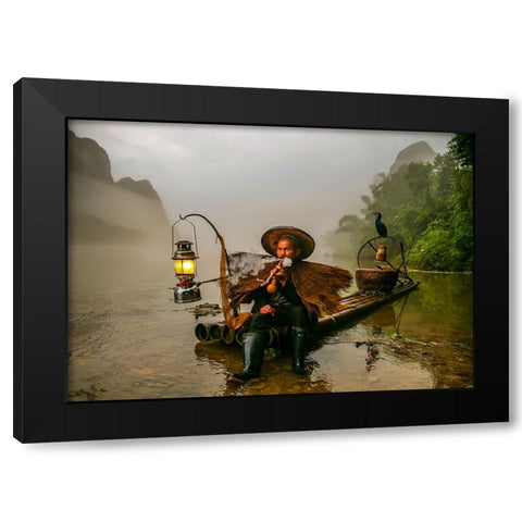 Cormorant Fisherman Black Modern Wood Framed Art Print by Campos, Pedro