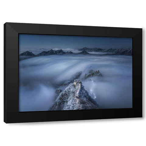 Flowing clouds pass over the Jian Kou Great Wall Black Modern Wood Framed Art Print with Double Matting by Cui, Yuan