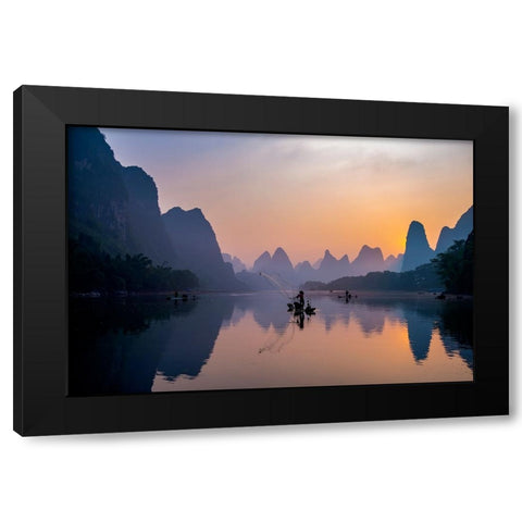 Busy Fisherman Black Modern Wood Framed Art Print with Double Matting by Suharini, Mieke