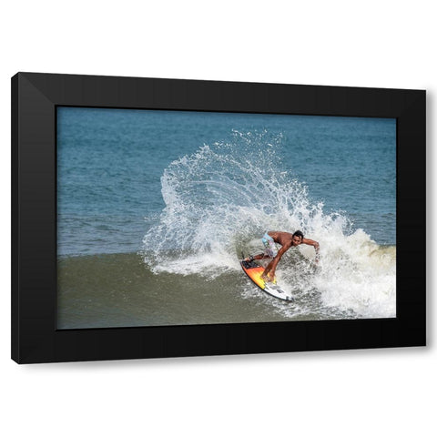 Surfing At Chennai Black Modern Wood Framed Art Print by GV, Balasurbramanian