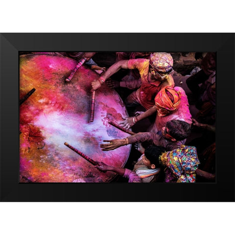 Holi Drummers In Barsana Black Modern Wood Framed Art Print by Rana, Ajit