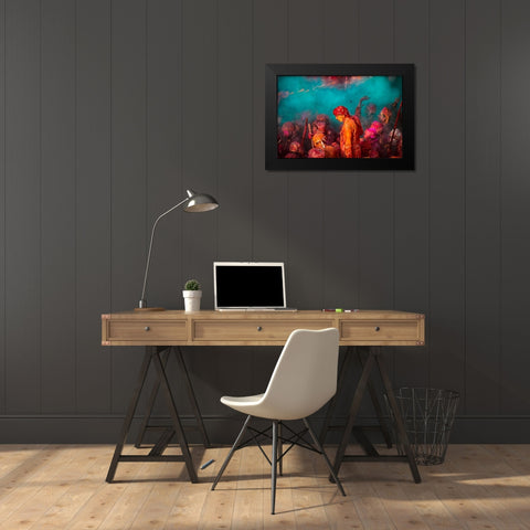 A Blue Hue Over The Singers At The Samaj During Holi Black Modern Wood Framed Art Print by Rana, Ajit
