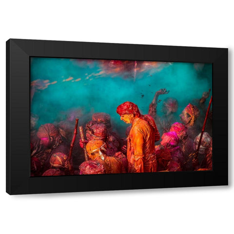 A Blue Hue Over The Singers At The Samaj During Holi Black Modern Wood Framed Art Print by Rana, Ajit