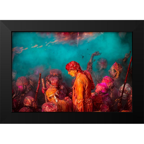 A Blue Hue Over The Singers At The Samaj During Holi Black Modern Wood Framed Art Print by Rana, Ajit