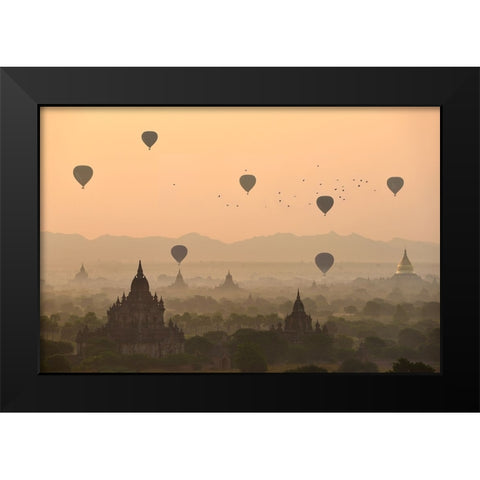Bagan, balloons flying over ancient temples Black Modern Wood Framed Art Print by Intarob, Sarawut