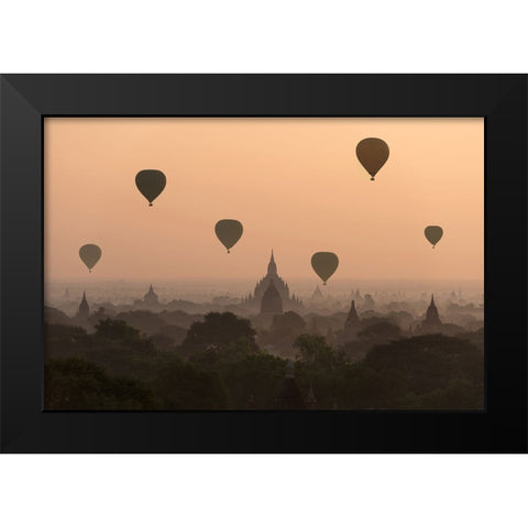 Bagan, balloons flying over ancient temples Black Modern Wood Framed Art Print by Intarob, Sarawut