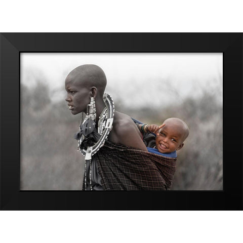 Maasai Mother And Son Black Modern Wood Framed Art Print by Ren, Yuzheng