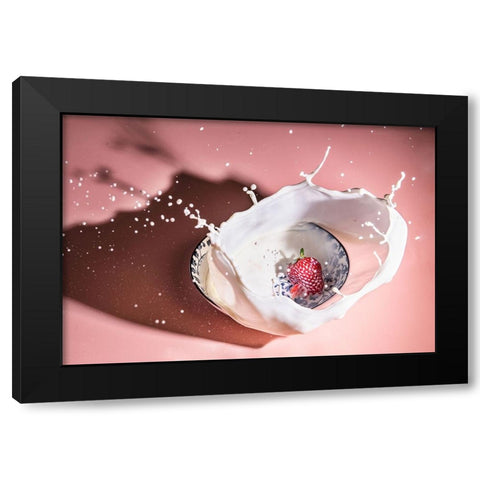 Strawberry fall into the milk trap Black Modern Wood Framed Art Print with Double Matting by Qian Guo, Grace