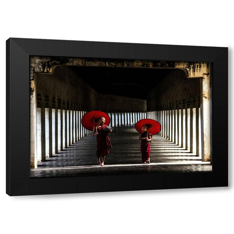 Two Monks Walking Home Black Modern Wood Framed Art Print by Rana, Ajit