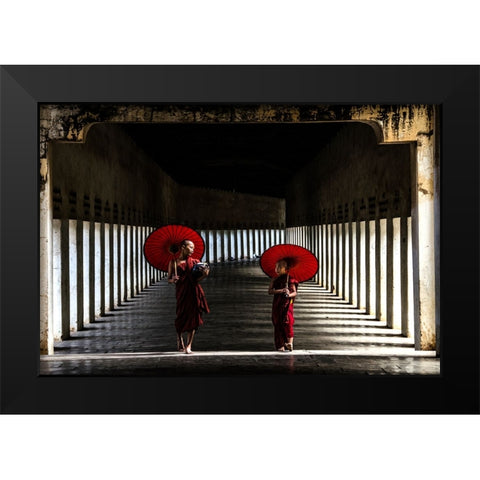 Two Monks Walking Home Black Modern Wood Framed Art Print by Rana, Ajit
