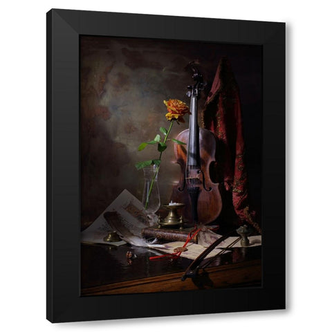 Still Life With Violin And Rose Black Modern Wood Framed Art Print with Double Matting by Morozov, Andrey