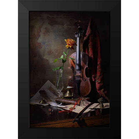 Still Life With Violin And Rose Black Modern Wood Framed Art Print by Morozov, Andrey