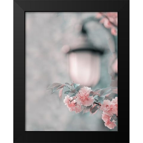 Cherry Blossom Under Street Lamp Black Modern Wood Framed Art Print by Liu, Betty