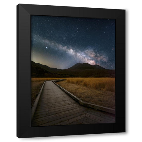 Milky Way shining in the sky of Kuju Mountain Range Black Modern Wood Framed Art Print by Awakari