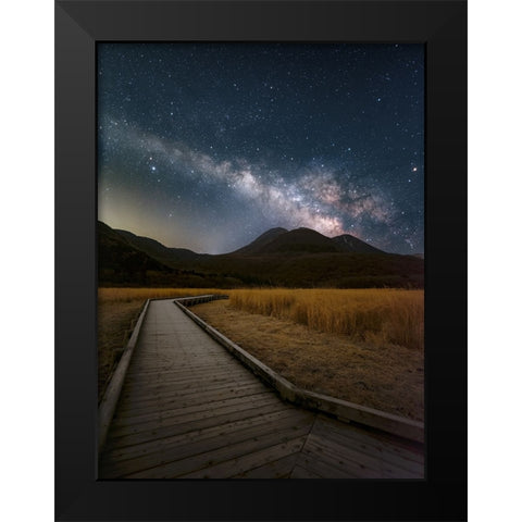Milky Way shining in the sky of Kuju Mountain Range Black Modern Wood Framed Art Print by Awakari