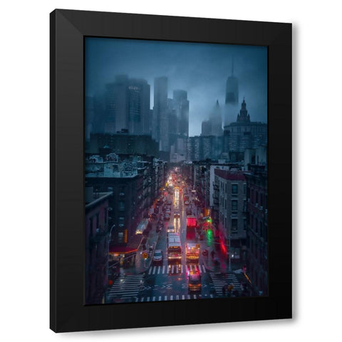 Raining China Town Black Modern Wood Framed Art Print by De La, Javier