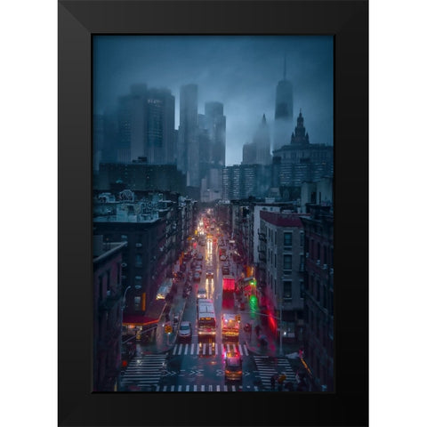 Raining China Town Black Modern Wood Framed Art Print by De La, Javier