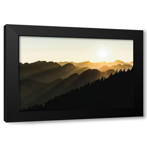 Sunset sun rays over the mountains Black Modern Wood Framed Art Print by Yamada, Tomomi