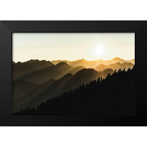 Sunset sun rays over the mountains Black Modern Wood Framed Art Print by Yamada, Tomomi
