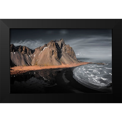 Black sand beach Black Modern Wood Framed Art Print by (David) Dai, Wei