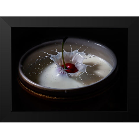 The cherry in a drop of milk Black Modern Wood Framed Art Print by Yacov, Oren