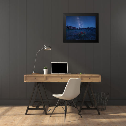 Milky Way Over Blooming Cactus In Needles District Black Modern Wood Framed Art Print by Xu, Mei